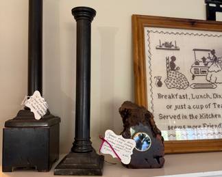 Heavy weighted candle stick holders, Charles Elkin Bull Handmade clock