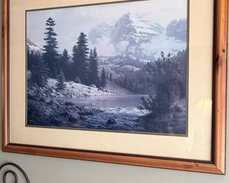 Large framed mountain landscape featuring a peaceful river and towering evergreens—a beautiful statement piece for a cabin, lodge, or nature-inspired home! 🏔️🌲