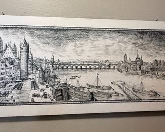 Detailed black-and-white European waterfront cityscape featuring historic architecture, boats, and a grand bridge
