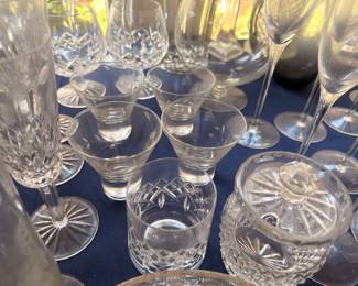 Etched cordial glasses and cut glass tumblers