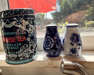Vintage tea tin and blue and white shakers