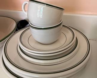 Green rim dinnerware, cups and plates