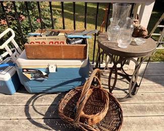 Coolers, wicker basket and patio side table