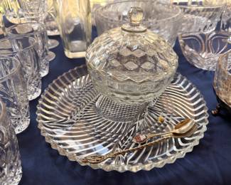 Pressed glass covered candy dish and serving plate