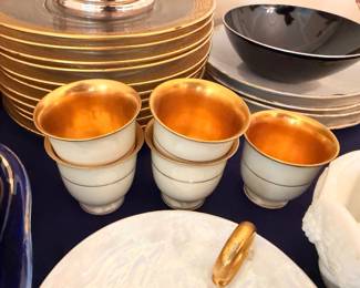 Gold lined demitasse cups and gold band plates