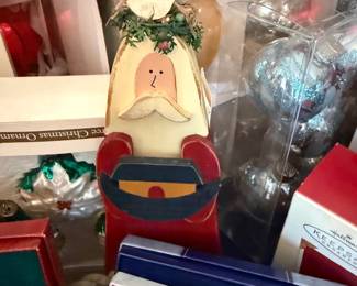 Painted angel figurine and glass ornaments