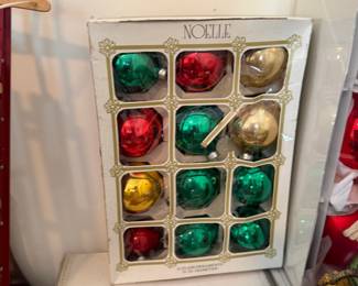 Red and silver glass ball ornaments, boxed