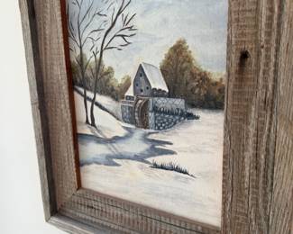Folk art winter landscape painting in barnwood frame