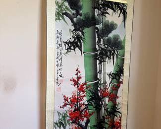 Asian bamboo and blossom scroll painting