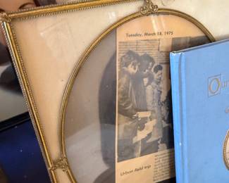 Antique oval brass frame and baby record book