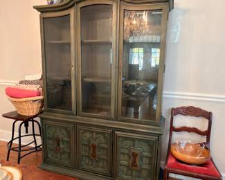 Painted green china cabinet hutch with ginger jars