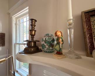 Brass candlestick, Chinese ginger jar and Hummel figurine