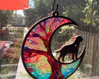 Stained glass dog and tree of life suncatcher