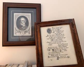 Framed antique engraving and illuminated document