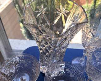 Cut crystal fan vase and etched glasses