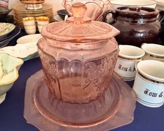 Pink depression glass biscuit jar and stoneware crocks