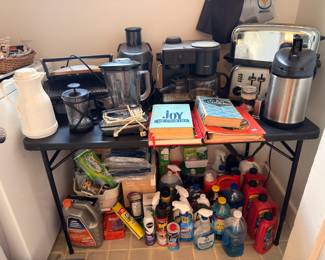 Small kitchen appliances and cleaning supplies