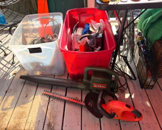 Black and Decker hedge trimmer and storage totes