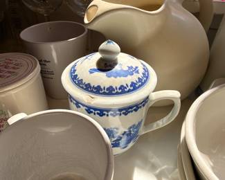 Blue and white lidded mug and white pitcher