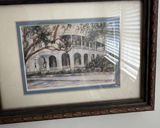 Framed watercolor print of Southern house with oaks