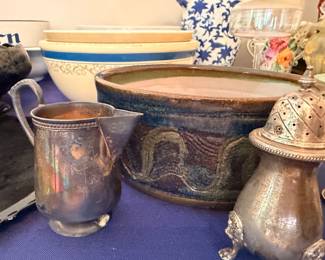 Silver pitcher, shakers and art pottery jardiniere