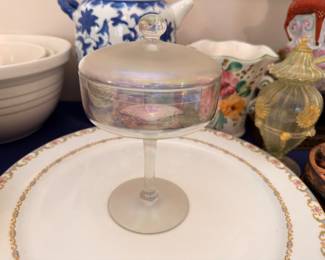 Iridescent glass compote and gold band plates