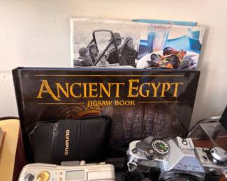Ancient Egypt jigsaw book and vintage cameras