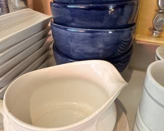 Cobalt blue stoneware bowls and gravy boat