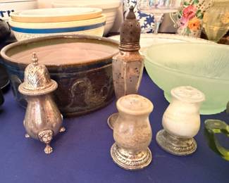 Silverplate shakers and art pottery jardiniere