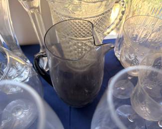 Blown glass pitcher and etched stemware