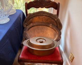 Copper serving trays and covered casserole