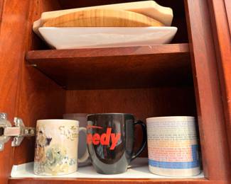 Novelty mugs and wood serving bowl