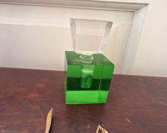 Green art glass block vase