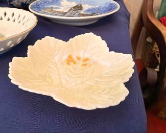 Lustreware leaf dish and blue and white plate