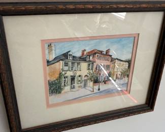 Framed watercolor print of historic street corner
