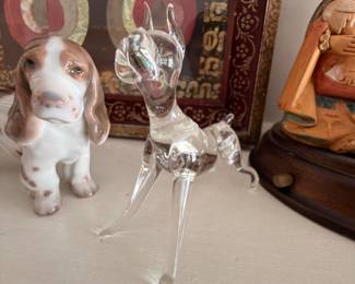 Porcelain spaniel figurine and blown glass dog
