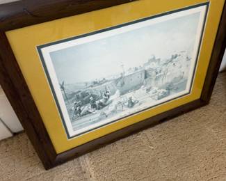 Framed antique engraving with yellow mat