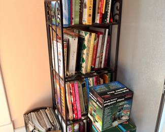 Cookbook collection on metal bookshelf