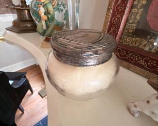 Antique glass vanity jar with silver repousse lid