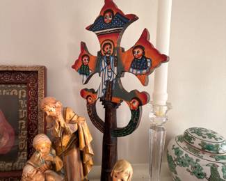 Hand-painted wood folk art cross and carved nativity