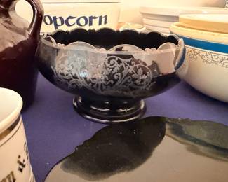 Silver overlay black amethyst glass footed bowl