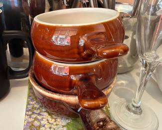 Brown stoneware handled soup crocks