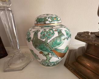 Chinese green and white bird ginger jar