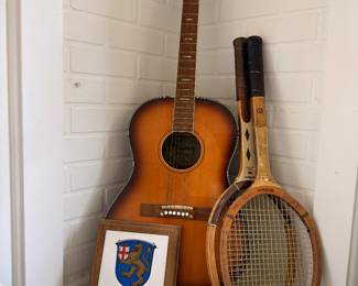 Kimberly acoustic guitar and vintage wood tennis rackets