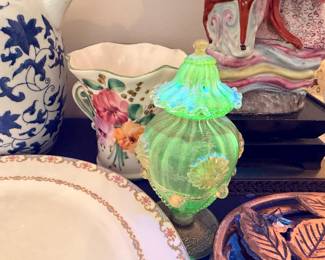Iridescent glass compote and gold band plates