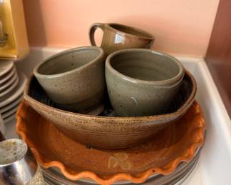 Studio pottery bowls and stoneware pie plate