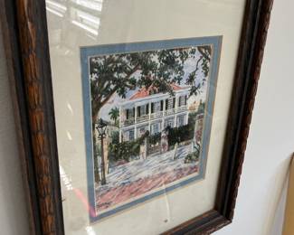 Framed Charleston watercolor print with courtyard