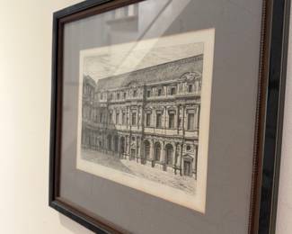 Framed architectural etching of the Louvre