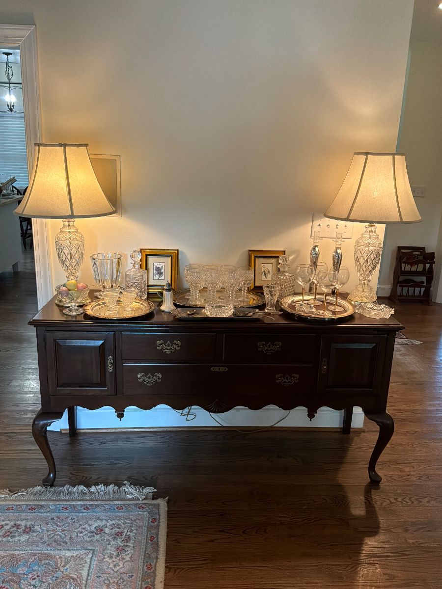 Ethan Allen queen Ann style sideboard and crystal lamps, decanters and glassware