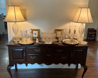 Ethan Allen queen Ann style sideboard and crystal lamps, decanters and glassware